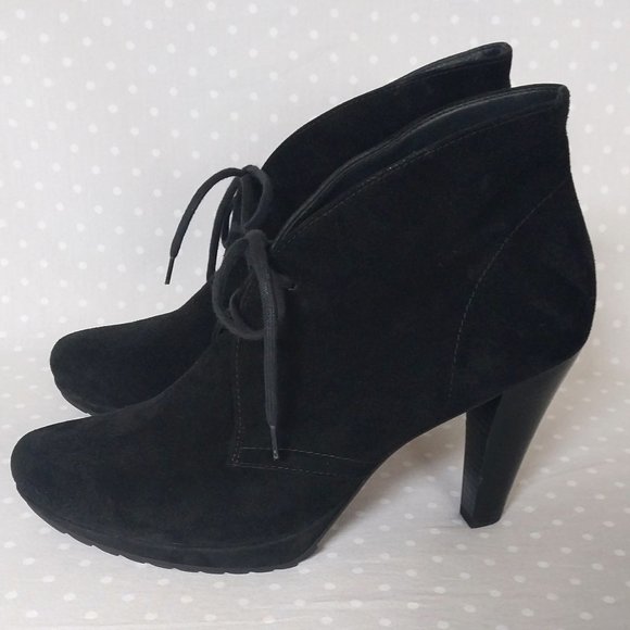 Paul Green New York Black Suede Lace up Heeled Ankle Booties